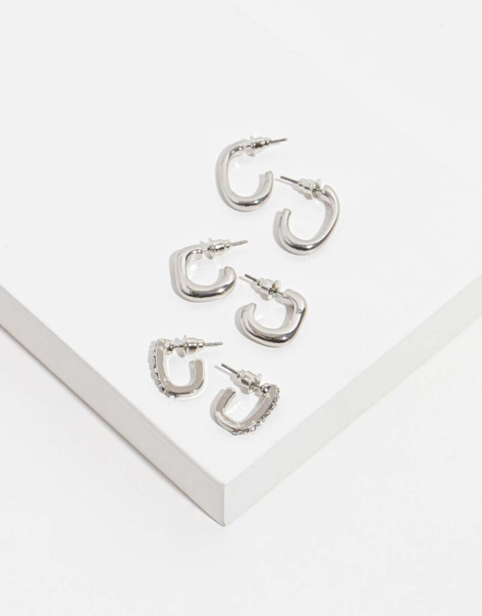 Aros Argollas Set Metal Con Detalle De Strass - Plateado Rodio 