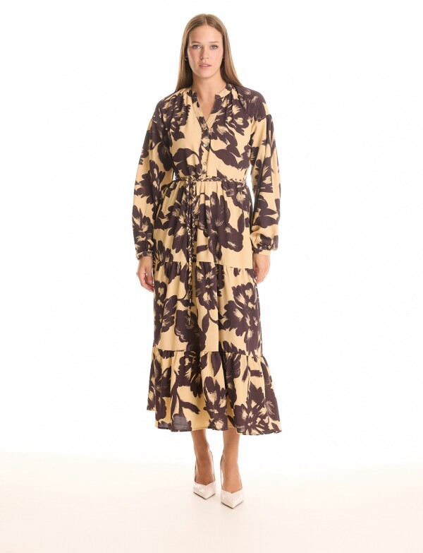Vestido Maxi Cinto Flores BEIGE/MULTI