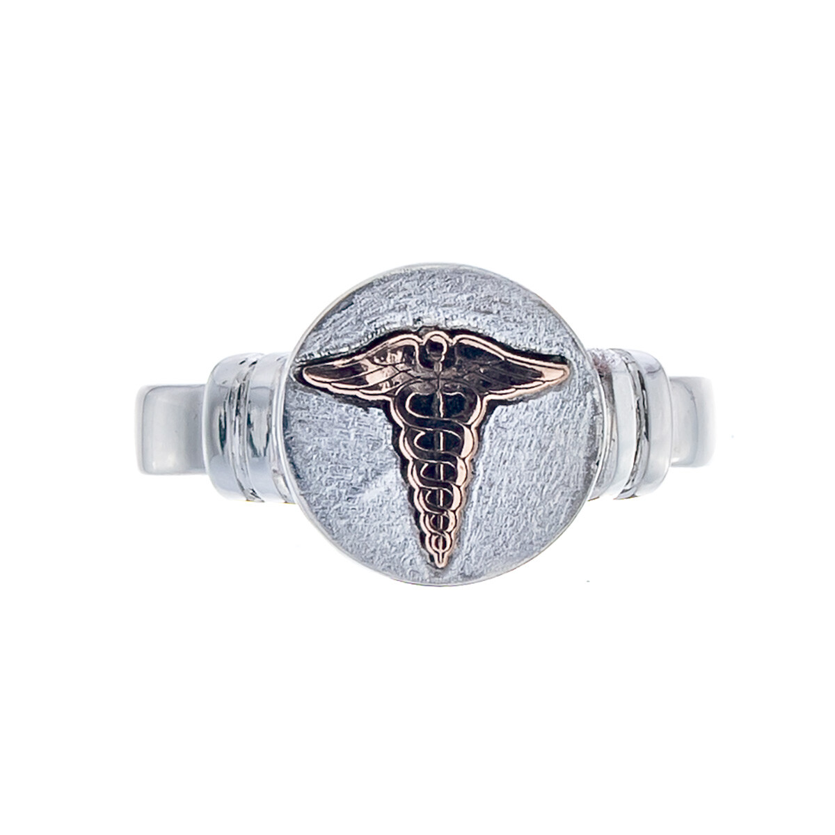 Anillo de plata 925 con logo en oro 10 ktes, MEDICINA. 