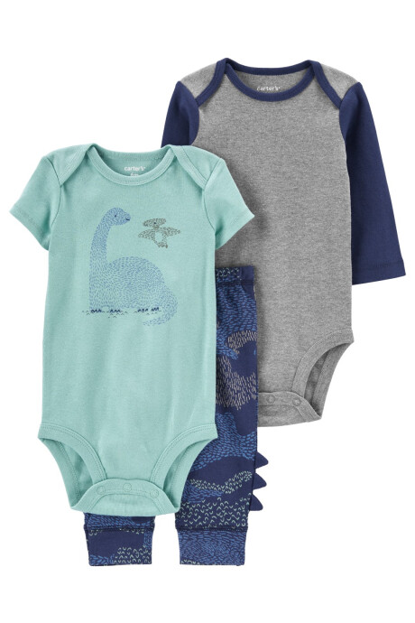 Set tres piezas pantalón y dos bodies de algodón diseño dinosaurio Sin color