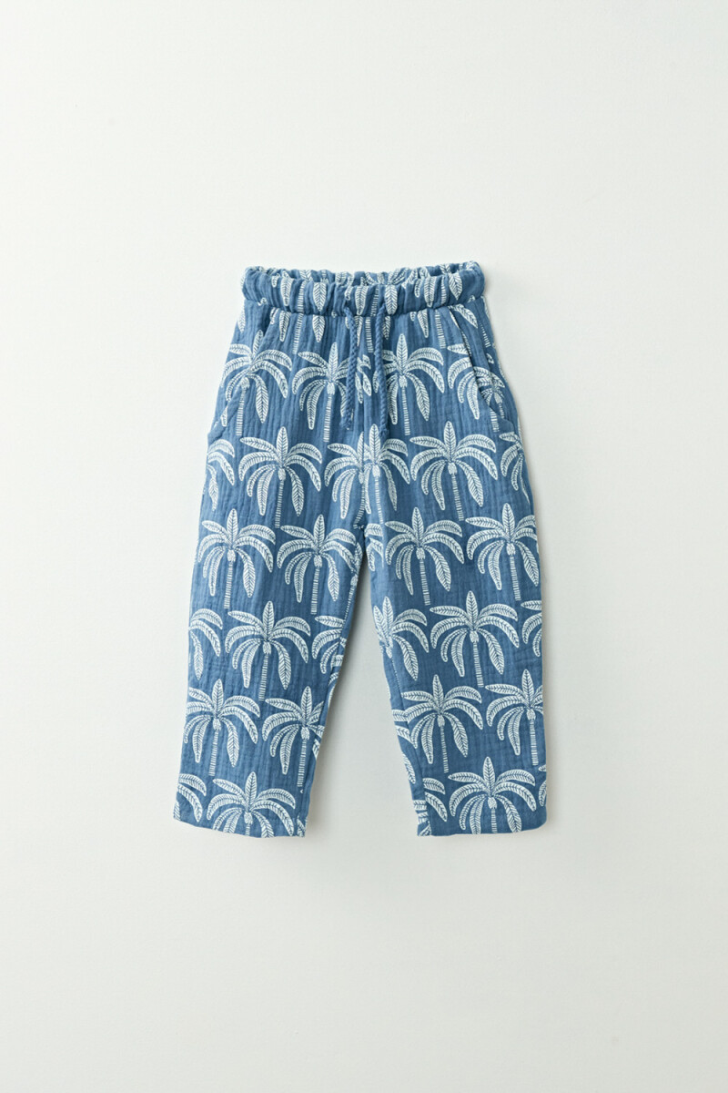 Pantalón de muselina Estampa Palmeras Azul
