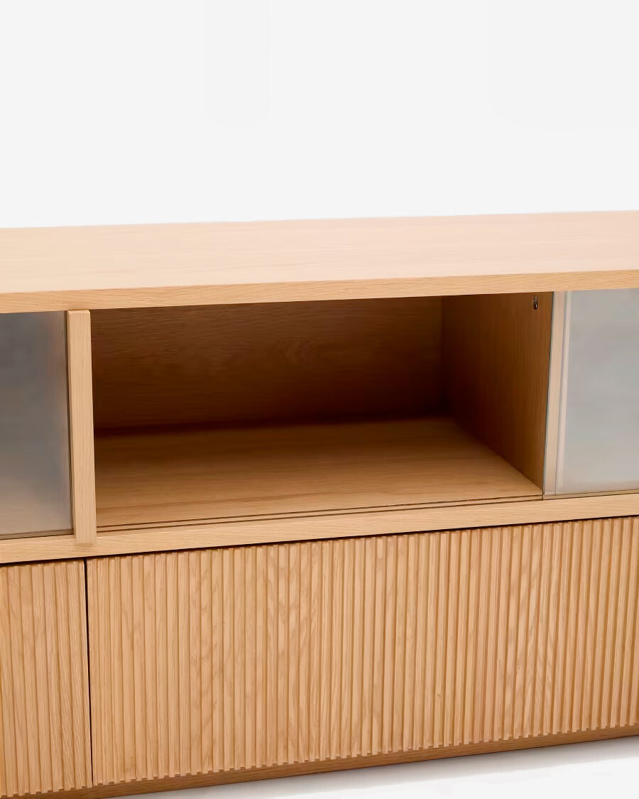 Mueble TV Helvine 4 puertas y 2 cajones chapa de roble y cristal templado 200x54cm FSC 100% Mueble TV Helvine 4 puertas y 2 cajones chapa de roble y cristal templado 200x54cm FSC 100%