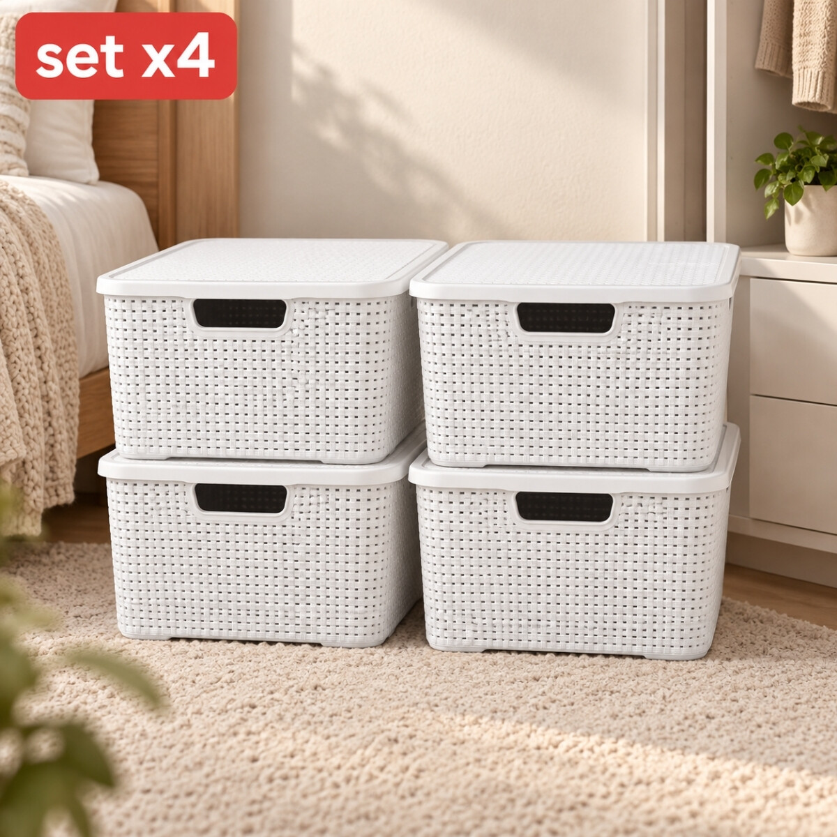 Set x4 cajas organizadoras simil ratán 15 lts - BLANCO 