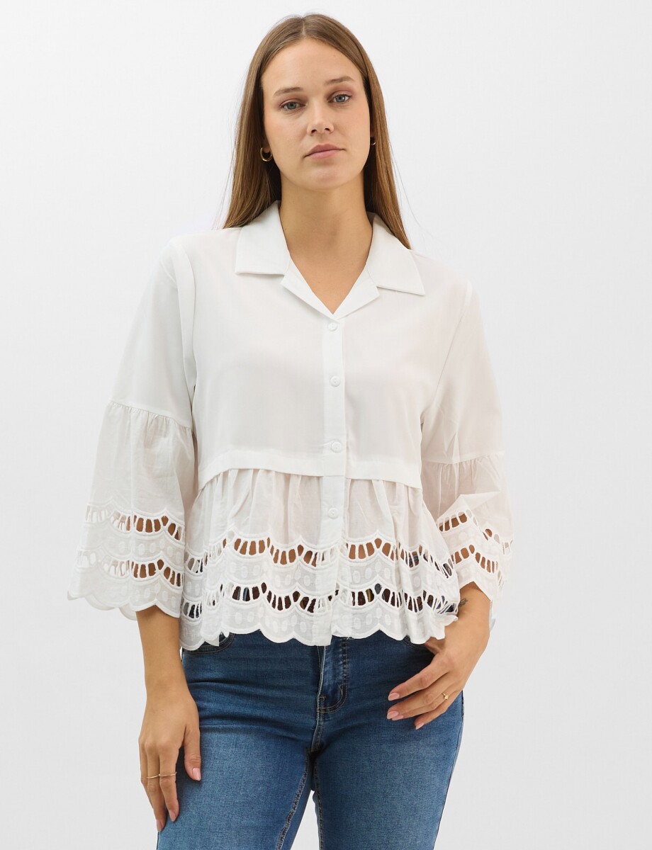Camisa Con Mangas De Bordado Suizo - Blanco 