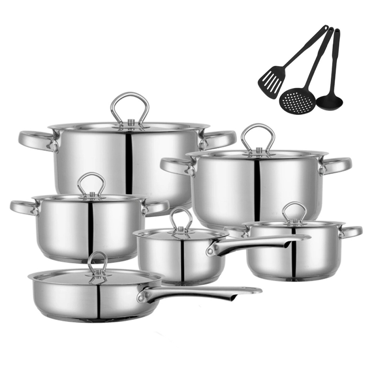 Juego Batería Cocina 15Pz Ollas Sartén Acero Inox Accesorios - Plateado 