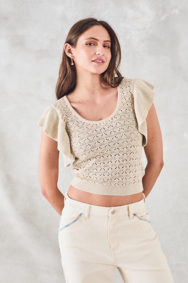 Top Metalizado Manga Volados Beige Melange