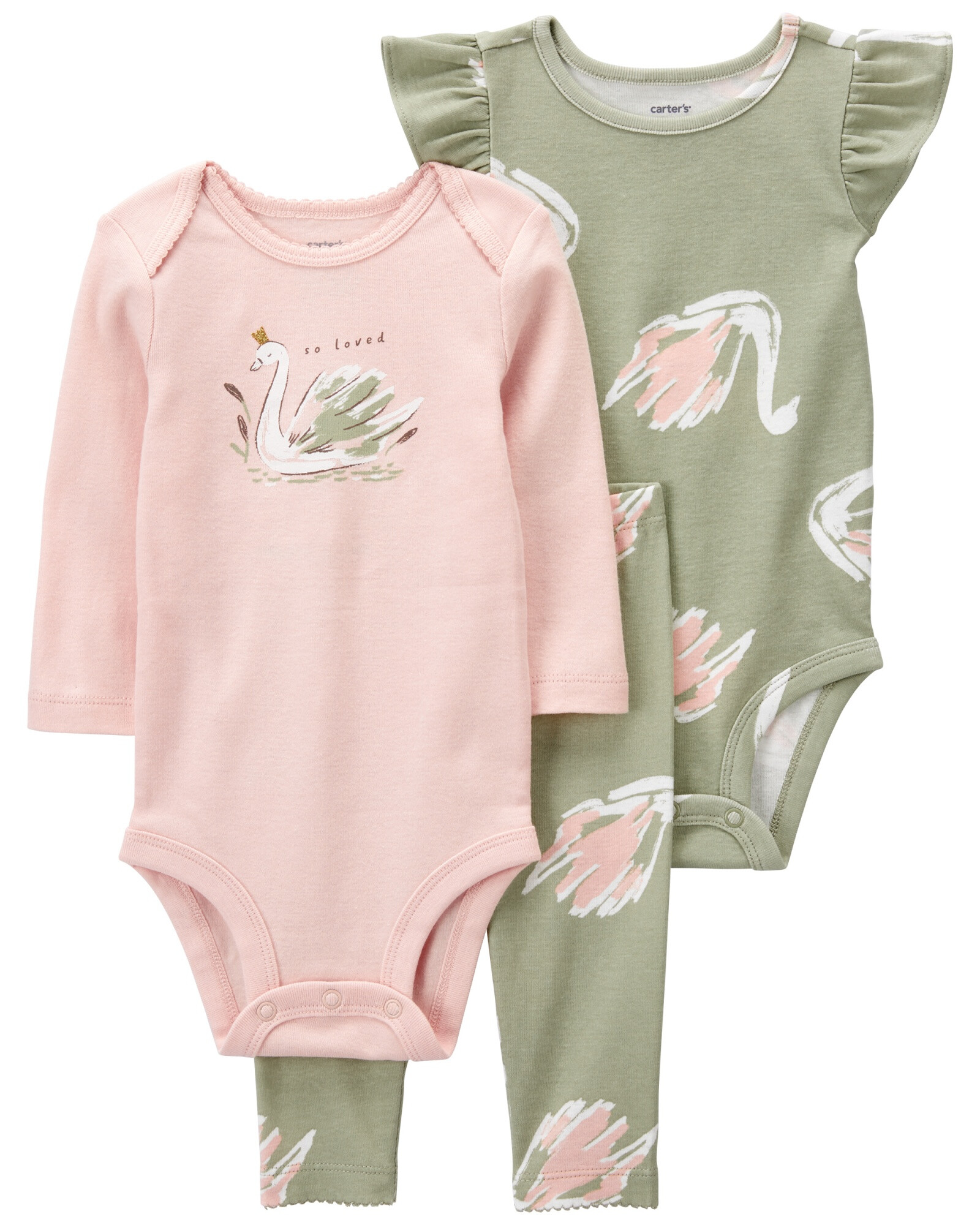 Set tres piezas de algodón, pantalón y bodies, diseño cisne Set tres piezas de algodón, pantalón y bodies, diseño cisne