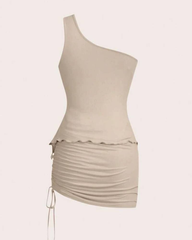CONJUNTO TOP ASIMETRICO Y FALDA BEIGE Beige