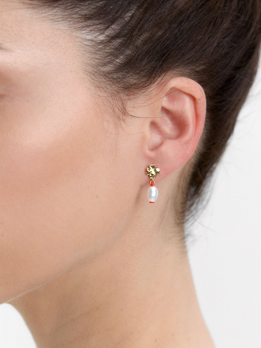 Pendientes De Trébol Con Perla De Agua Dulce - Plata De Ley 925 rojo