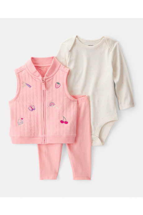 Set tres piezas de algodón, chaleco bordado, pantalón y body Set tres piezas de algodón, chaleco bordado, pantalón y body