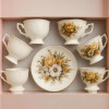 Juego de Té de Cerámica Floral 6 Tazas con Plato + Caja de Regalo Marfil