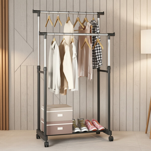 Perchero Para Ropa Doble Con Barras De Acero Inoxidable Ruedas Bloqueo Ropero Imback Perchero Para Ropa Doble Con Barras De Acero Inoxidable Ruedas Bloqueo Ropero Imback