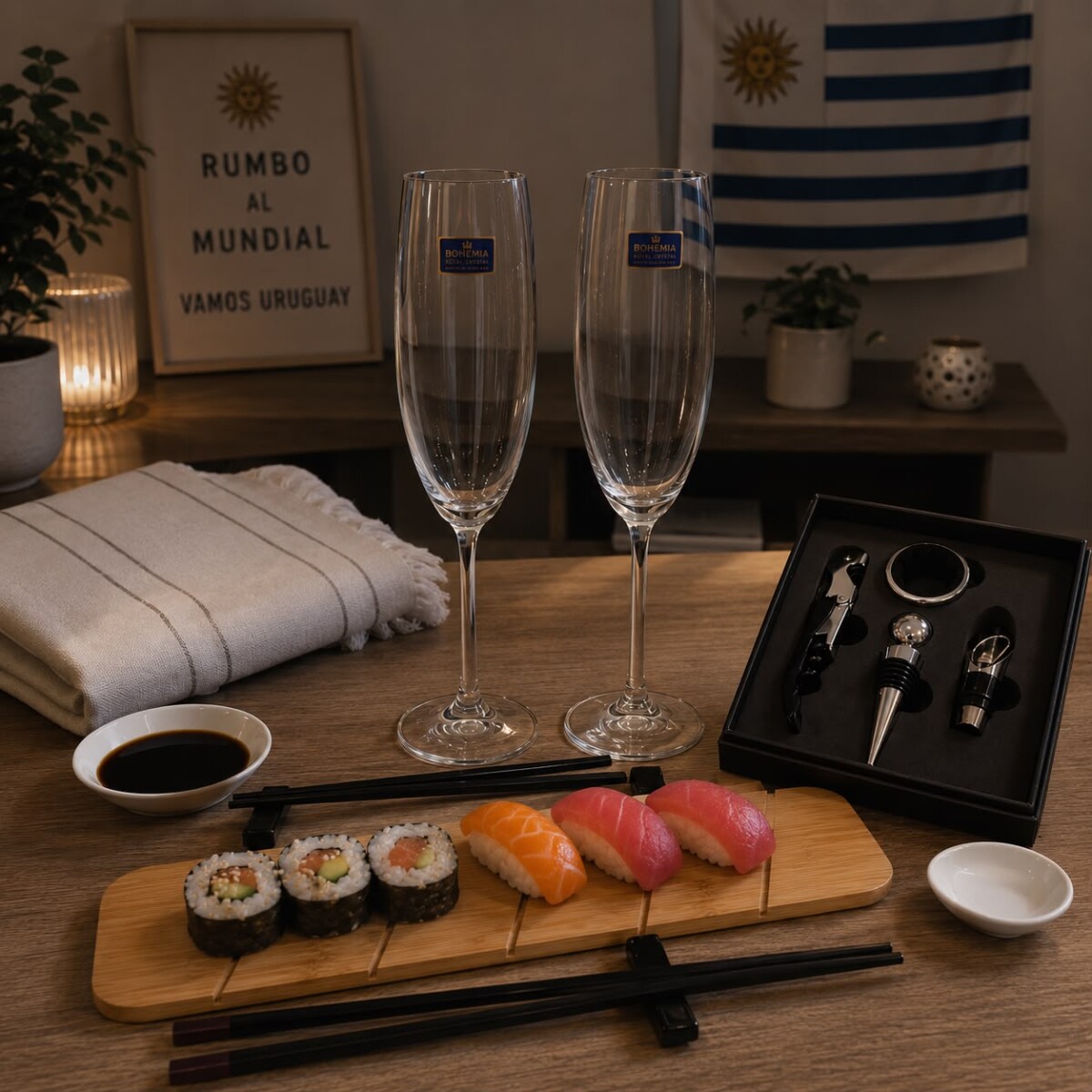 Combo Facu Set para Sushi, Set de 2 Copas de Cristal de Champagne y Set 2 Dips Salsa Soja 