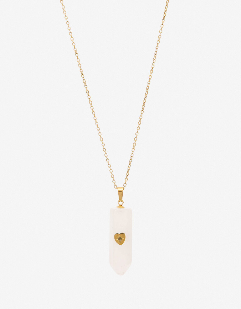 Cadena Corta con Dije Piedra Collar De Acero Con Piedra Cuarzo Rosa - Dorado