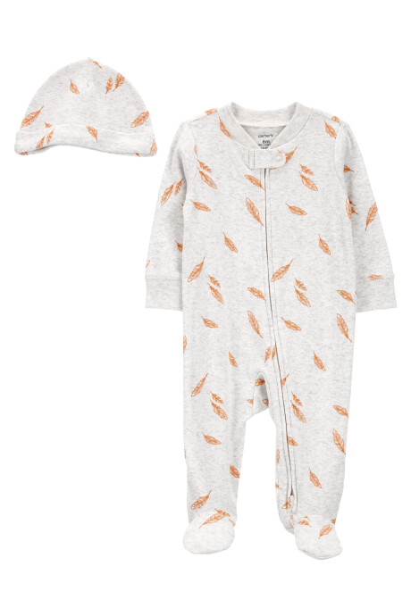 Pijama una pieza de algodón, con pie y gorro, diseño plumas Sin color
