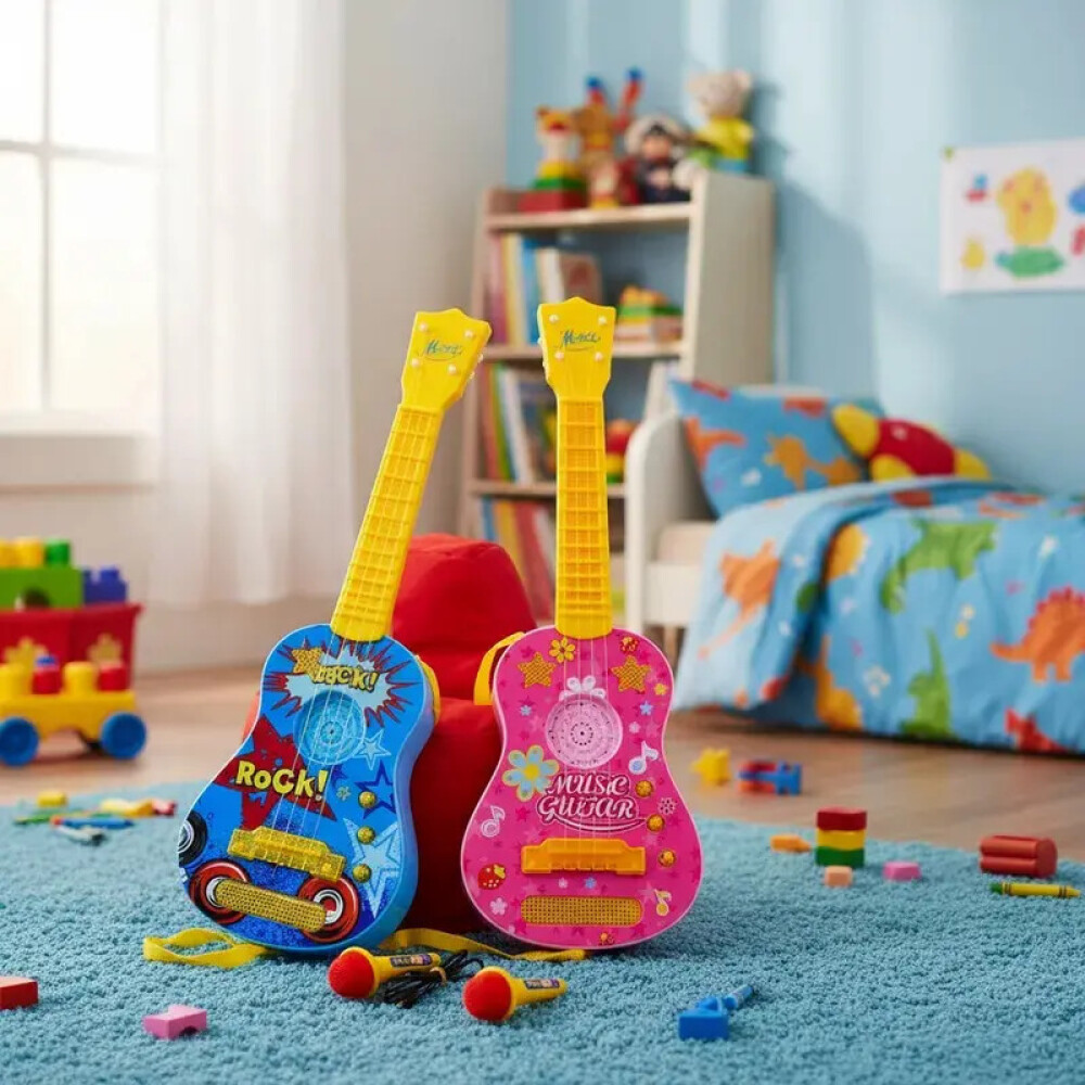 Guitarra con micrófono, luces y melodías Azul