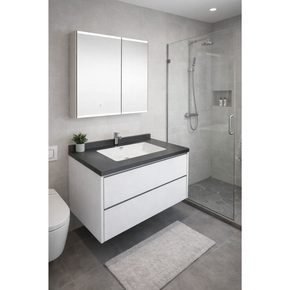 Mueble de baño suspendido Vip 80cm Blanco mesa gris y espejo botiquín 75 cm Vip blanco DMC Mueble De Baño Suspendido Vip 80cm Blanco Mesa Gris Y Espejo Botiquín 75 Cm Vip Blanco Dmc