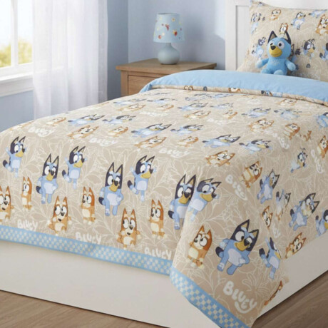 Colcha Infantil Bluey 1 Plaza 100% Microfibra Celeste/Beige