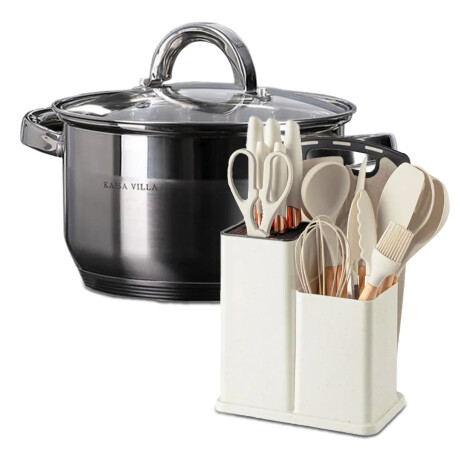 Set Cocina Utensilios 19Pzs + Olla Acero Inoxi 22cm 4,8L Beige