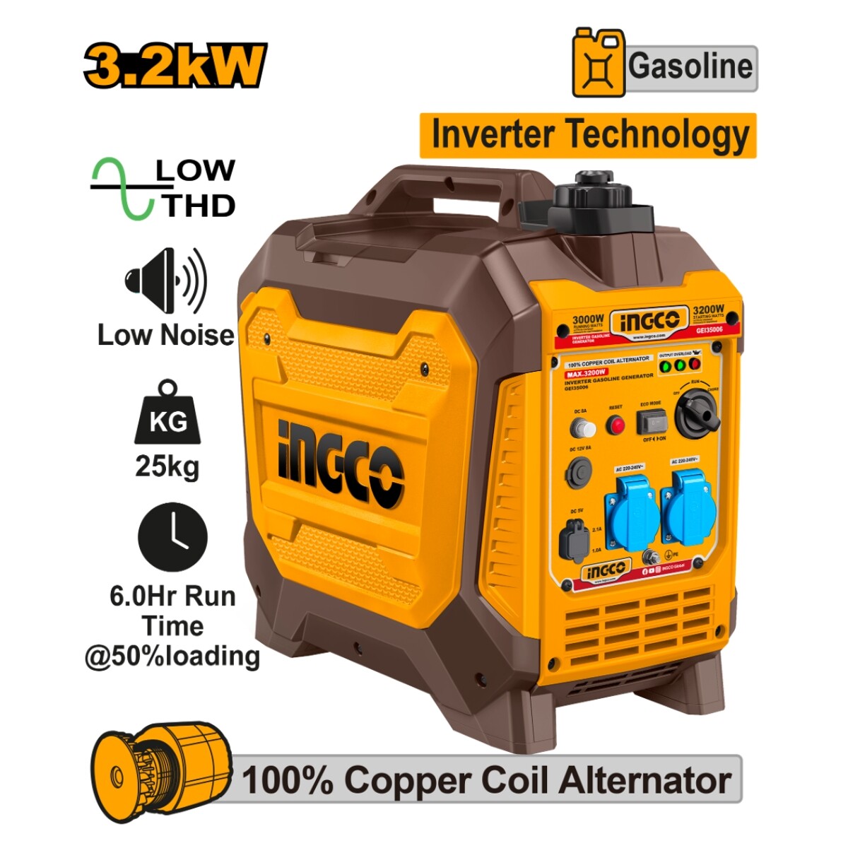Generador Inverter 3.2KW 25KG Bajo Ruido Ingco GEI35006 