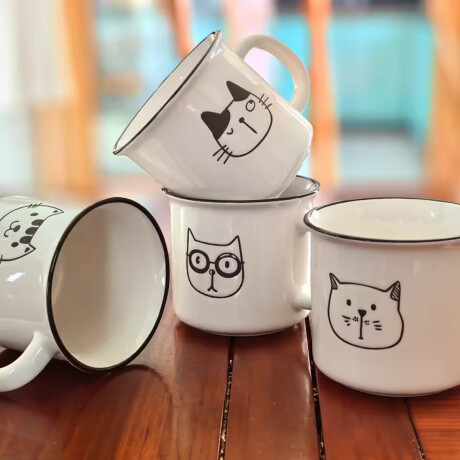 Taza Vintage Carita Gato – Cerámica Blanca con Borde Negro 400ml Lentes
