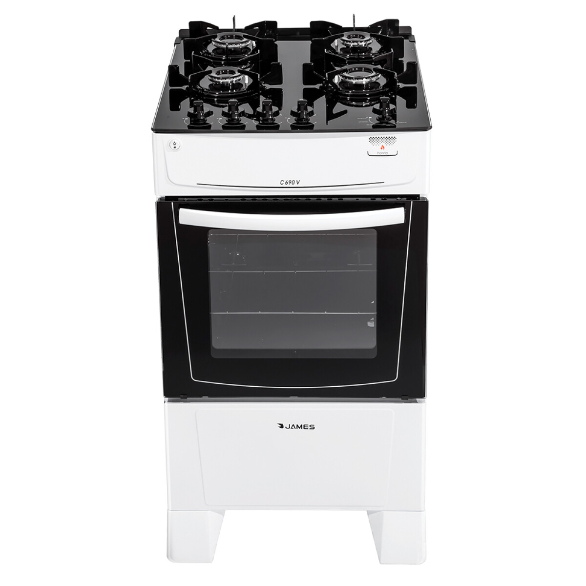 Cocina James 4H C-690 V blanca con mesada de vidrio negro 
