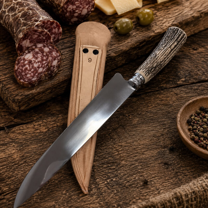 Cuchillo Artesanal Acero de Carbono Mango Simil Ciervo y Vaina de Cuero N°9 Cuchillo Artesanal Acero de Carbono Mango Simil Ciervo y Vaina de Cuero N°9