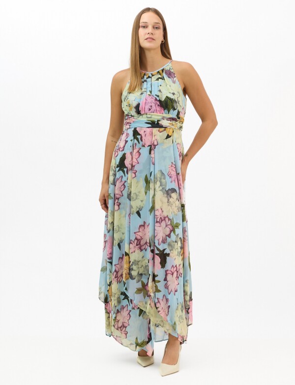 Vestido Largo Estampado Floral Con Cuello CELESTE/MULTI