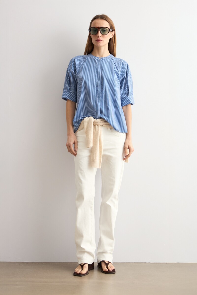 Camisa rayada cuello mao - cobalto 