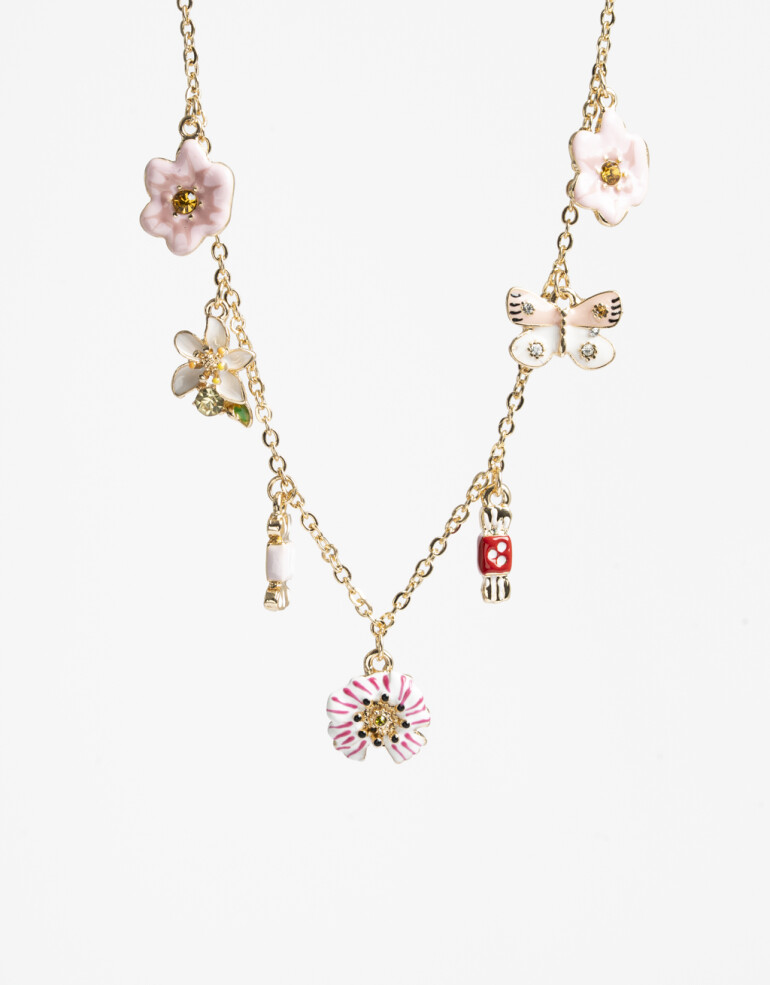 Collares Cortos Con Dijes Collar Corto Multicharms Flores - Dorado