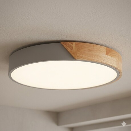 Plafón led circular de madera y aluminio gris mate Luz Cálida