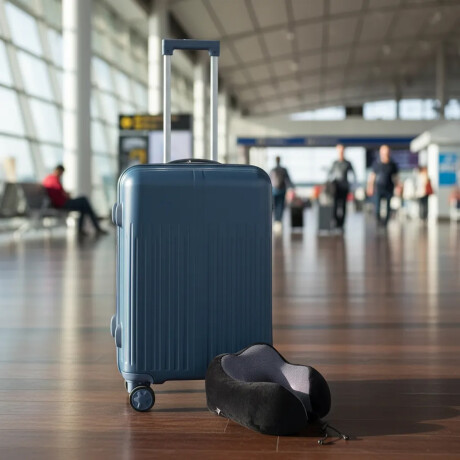 Set Valija Mediana Rigida + Almohadón Cervical Memoria Negro Azul