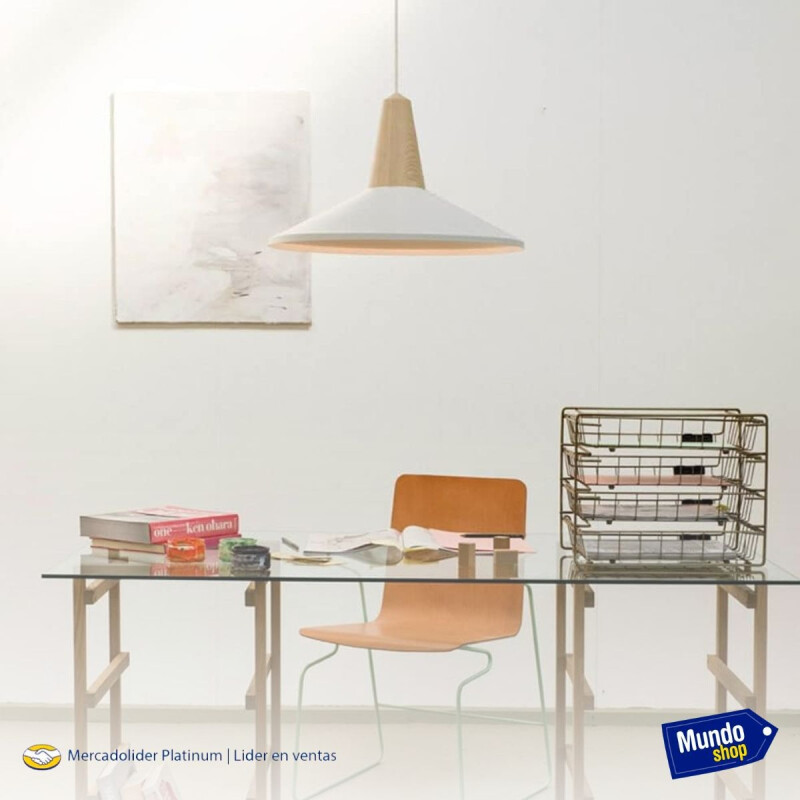 Lampara Colgante Metal Nordica Plato Deco Simil Madera Led Blanco