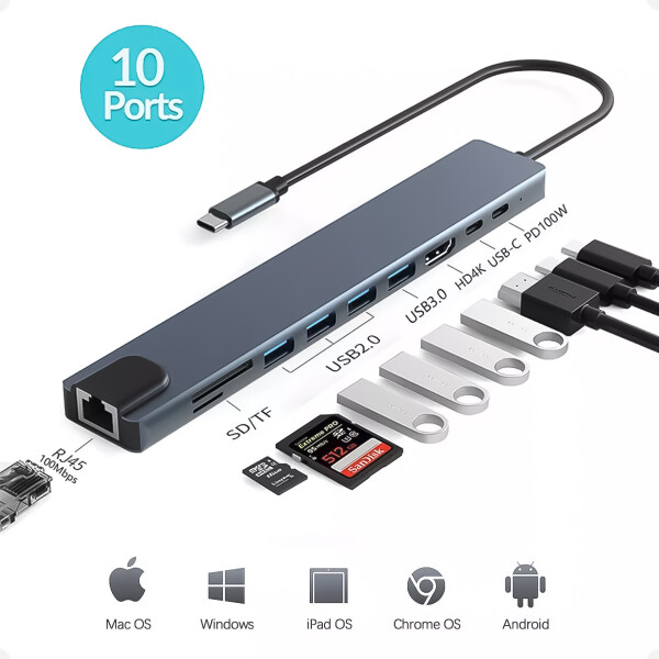 HUB Adaptador USB Tipo C 3.0 a USB 3.0 4 Puertos, USB Tipo C y PD, HDMI 4k, Lector de Tarjeta SD microSD TF, Ethernet RJ45 HUB Adaptador USB Tipo C 3.0 a USB 3.0 4 Puertos, USB Tipo C y PD, HDMI 4k, Lector de Tarjeta SD microSD TF, Ethernet RJ45