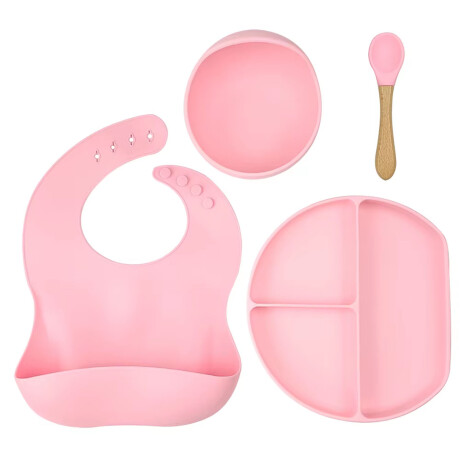 Set de Comida Bebé con Babero Plato Bowl Cuchara en Silicona Rosa