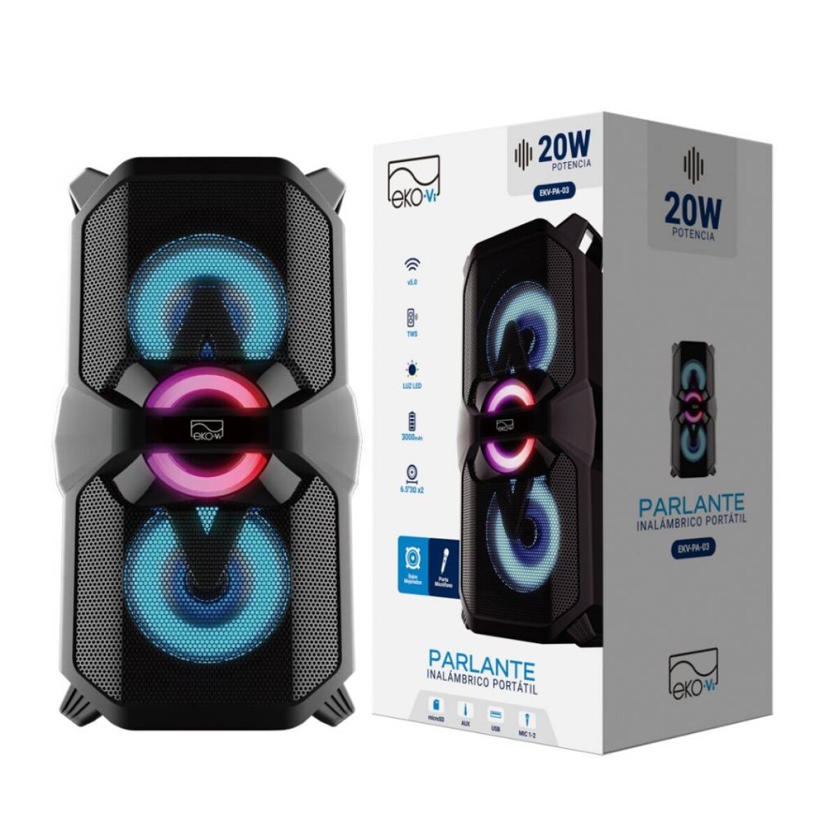 Parlante Bluetooth Ekv-Pa-03 20W 2 X 26.5''3 3000 Mah Ub - NEGRO 