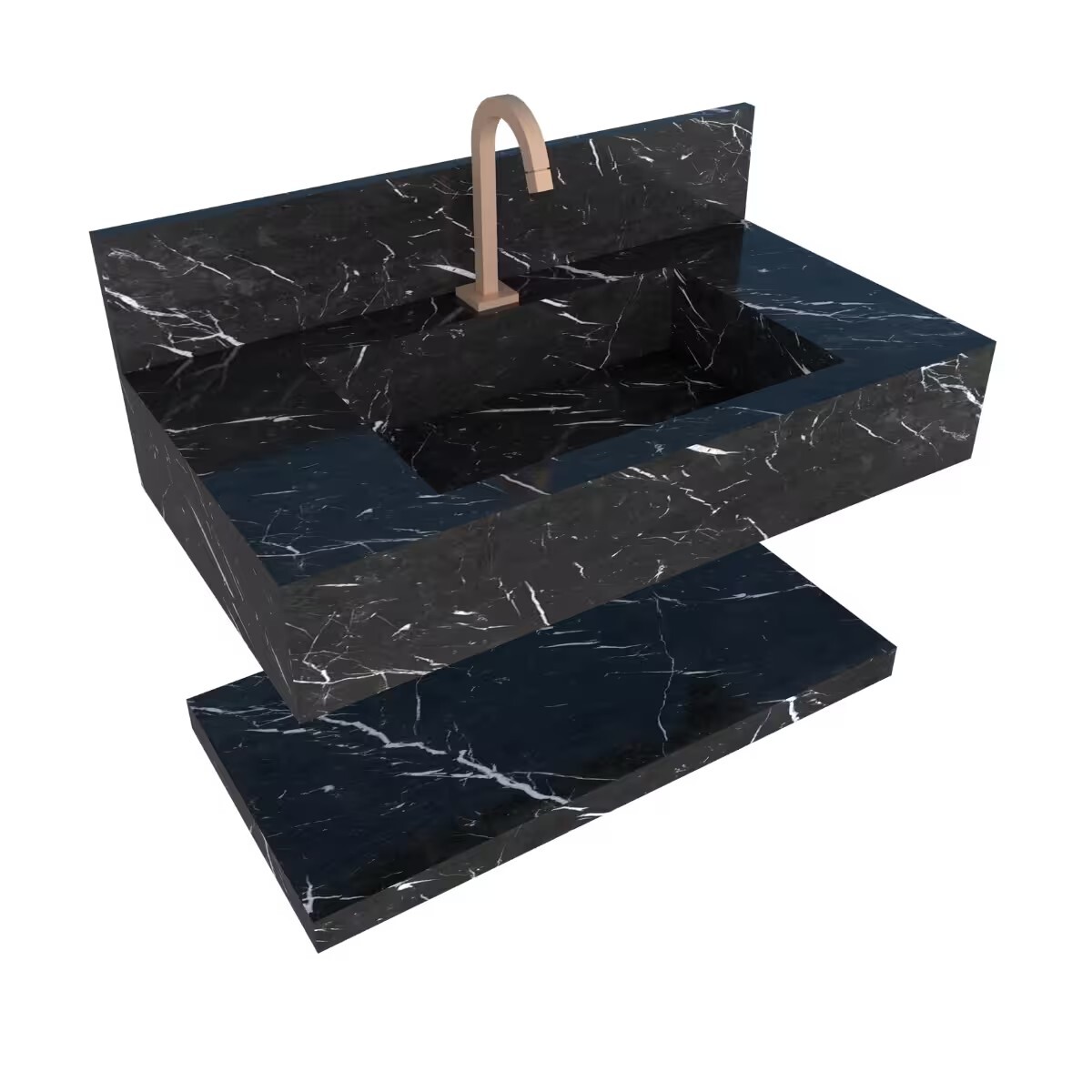 Mueble De Baño Suspendido De Porcelanato Negro 84 Cm Con Bacha Incorporada Y Estante Flotante 