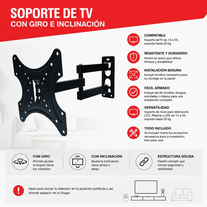 Soporte de TV de 14 a 55″ con giro e inclinación NEGRO