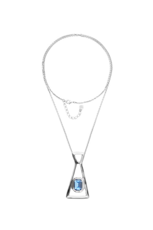 COLLAR LARGO DE ALEACIÓN DE METALES BAÑADO EN PLATA DE LEY CON CRISTAL FACETADO AZUL Colgante