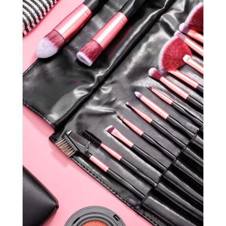 Set de 16 brochas BS-Mall para maquillaje con estuche tipo manta Rosa