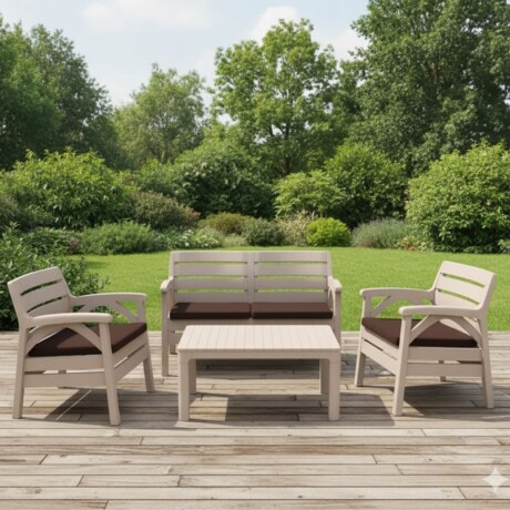 Juego Santana de jardín 3 sillones con almohadones + mesa BEIGE