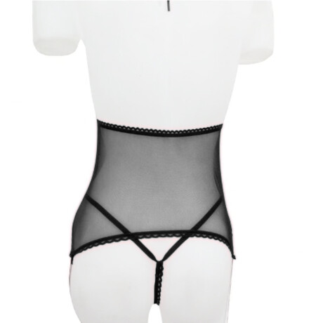 Corset De Tul Sin Tazas Con Portaligas Y Tanga Negro