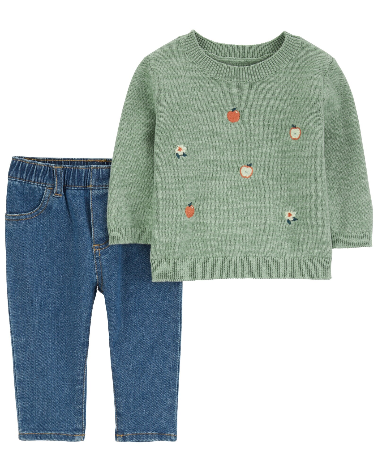 Set dos piezas, pantalón jean y buzo de algodón, diseño frutal Sin color