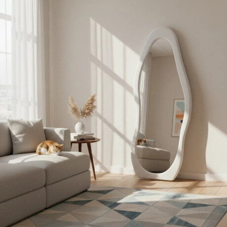 Espejo Forma Onda De Pie En Mdf Terciopelo 160x60cm Blanco