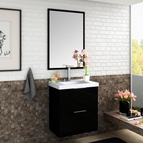 CONJUNTO MUEBLE DE BAÑO MODELO PIETRA NEGRO / MUEBLE DE COLGAR + ESPEJO + BACHA / 60CM Conjunto Mueble De Baño Modelo Pietra Negro / Mueble De Colgar + Espejo + Bacha / 60cm