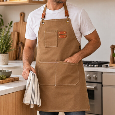 Delantal de Cocina en Tela Canvas con Bolsillos y Detalles en Eco Cuero Camel