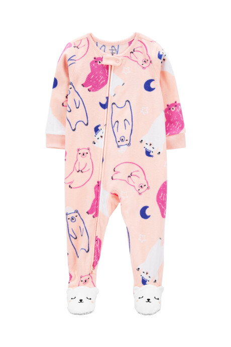 Pijama una pieza de micropolar, con pie, rosado, diseño osos. Talles 12-24M Sin color