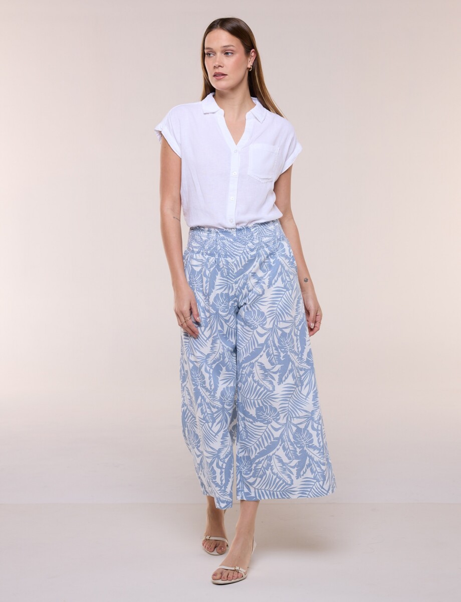 Pantalón Crop Lino Wide Leg - Celeste/multi 