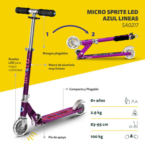 Monopatín Micro Sprite Plegable LED Ajustable con 2 Ruedas PURPURA