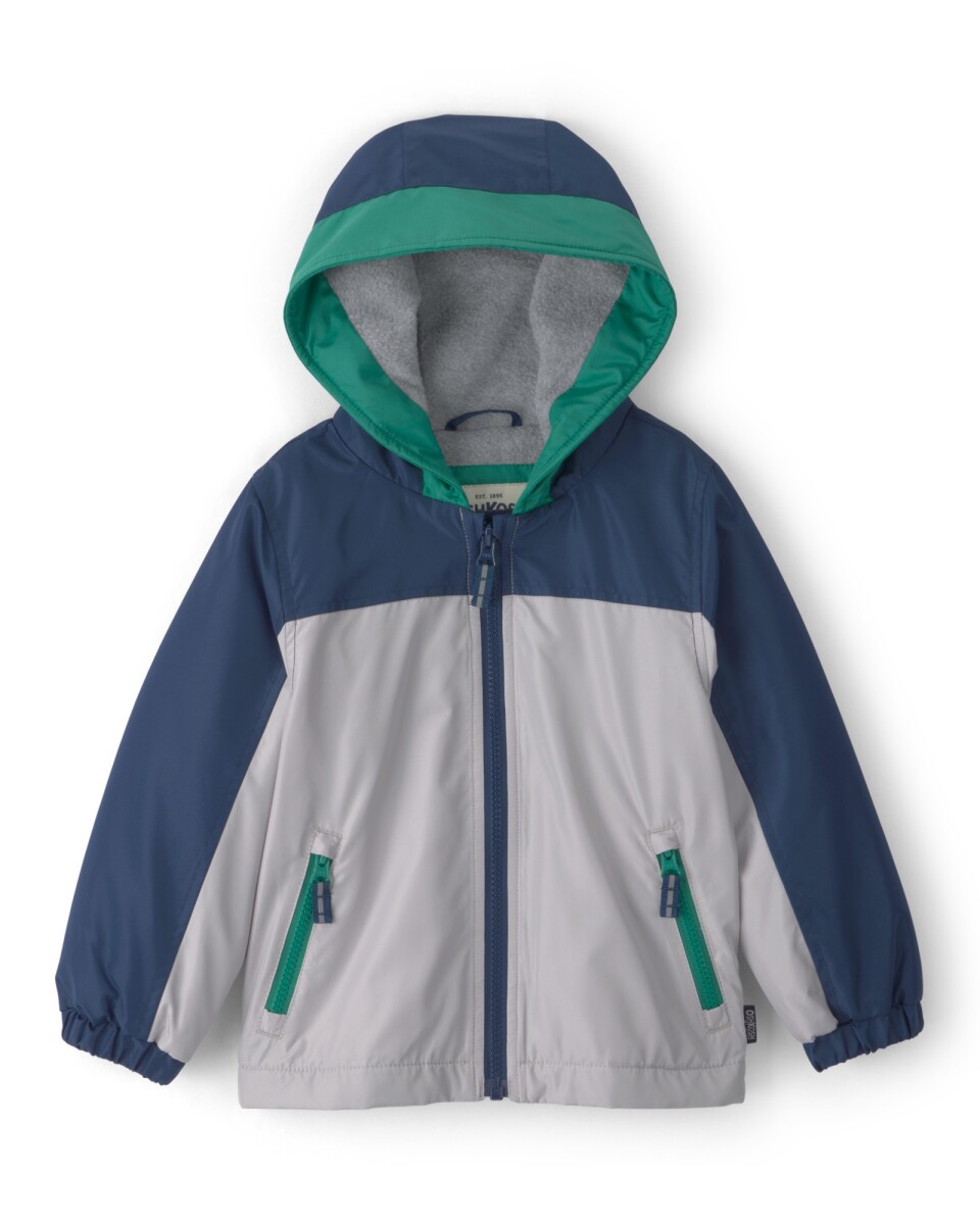 Campera resistente al agua, rosada, diseño bloques de color gris, azul y verde. Talles 2-5T 
